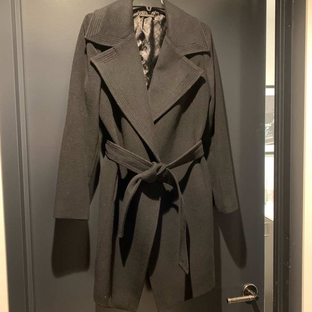 Black Diane Von Furstenburg mid-length wool wrap coat.